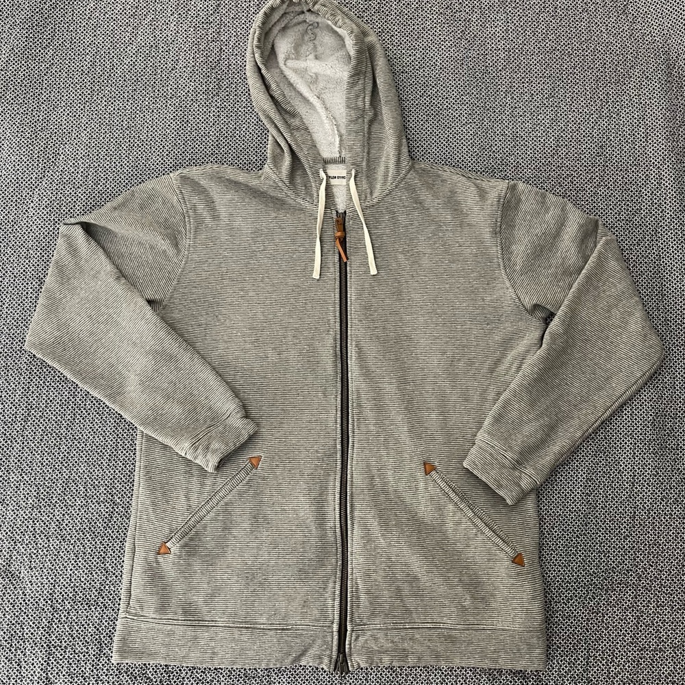 Taylor Stitch Gray White Striped Hoodie Sweatshirt Full Zip Organic Cotton Sz 46